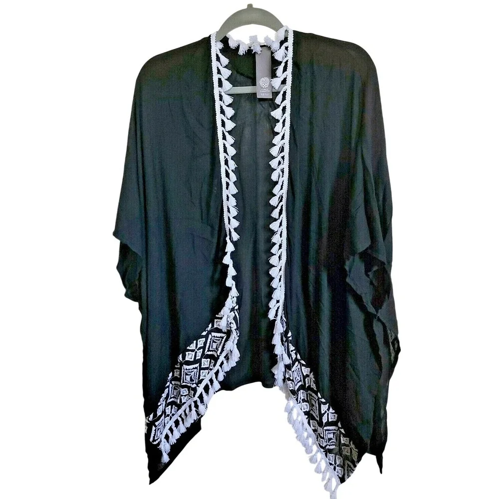 Vince Camuto OS Women Black White Tassel Embroidered Kimono Wrap‎ Cardigan NWT